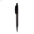 A plastic pen in black with a sleek design and a clip, featuring a metallic tip and a branding logo.