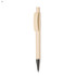 An off-white plastic pen with a clip and a silver tip, featuring a branding logo.