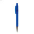 A blue plastic pen with a clear grip and a metal nib, featuring a logo on its body.