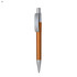 A plastic pen with a silver clip and a copper-coloured barrel. It has a sleek design and a pointed tip.