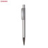 A plastic pen featuring a sleek silver design. The pen has a clip and a shiny tip, with branding visible.