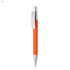 An orange plastic pen with a silver clip and tip. It features a sleek design and has a branding logo.