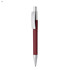 A maroon plastic pen with a silver clip and tip, featuring a logo on its surface.