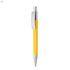 A plastic pen in bright yellow with a silver clip and tip, featuring a simple design and smooth finish.
