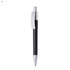 A plastic pen in black with a silver clip and tip, featuring a branding logo.