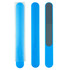 A blue nail file featuring a smooth side and a textured filing side, packaged in a protective sleeve.