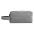 A grey nylon premium cosmetic bag with a zipper and a side handle, featuring a simple design and a logo.