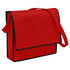 A red non-woven flap satchel with a black trim and a shoulder strap. It features a logo on the front.