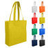 A yellow reusable grocery bag with two handles, displayed alongside bags in various colours including white, orange, red, yellow, green, and navy.