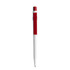 A plastic pen with a white body and red accents, featuring a logo on the side.