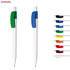 Two plastic pens featuring green and blue clips, alongside a range of pens in different colours. Each pen has a branding logo.