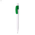 A white plastic pen with a green clip and black ink. It features a logo on the barrel.