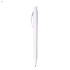 A white plastic pen with a sleek design and a clip, featuring a branding logo.