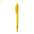 A yellow plastic pen featuring a clear body and a clip, with a logo on the barrel.