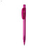 A plastic pen in a vibrant pink colour with a clear barrel and a clip. It features a logo on the side.