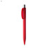 A red plastic pen with a transparent clip and silver accents. The pen has a smooth, streamlined design and a logo.