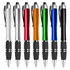 A set of plastic pens in silver, red, orange, green, blue, and black, featuring black grips and a logo.