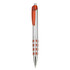 A plastic pen with a silver body and orange accents, featuring a grip with raised dots and a clip.