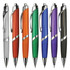 A collection of plastic pens in white, orange, green, blue, purple, and grey, each featuring a silver clip and branding.