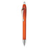 An orange plastic pen with a silver clip and a shiny tip, featuring a logo on the barrel.