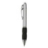 A silver plastic pen with a black rubber grip and a clip. It has a sleek design and features a logo.