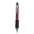 A plastic pen featuring a purple barrel, chrome accents, and a black rubber grip. The pen has a logo on it.