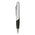 A plastic pen with a chrome barrel and a black grip, featuring a clip and a branding logo.