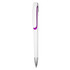 A plastic pen in white with a purple accent and a silver tip, featuring a logo on the side.