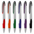 A selection of six plastic pens in orange, green, purple, blue, red, and black, with silver accents and a logo.