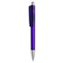 A purple plastic pen with a silver tip and a clip, featuring a logo on its body.