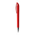 A red plastic pen with a sleek design and clip, featuring a silver tip and branding.