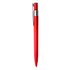 A red plastic pen with a silver clip. The pen has a sleek, modern design and features a logo.