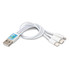 A charging cable in white featuring a USB connector and three different connector types. It has a logo on the connector.