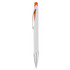 A plastic pen with a white body, orange accents, and a silver tip, featuring a branding logo.