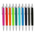 A collection of ten pens in vibrant colours, including pink, orange, teal, blue, and black, with silver accents.