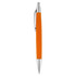 An orange pen with a silver clip and tip, featuring a sleek, modern design.