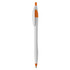 A plastic pen in white with orange accents, featuring a clip and a branding logo.