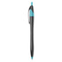 A plastic pen in black with a turquoise accent, featuring a clip and a smooth barrel design.