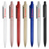 A variety of plastic pens in shades of pink, red, gold, blue, silver, and black, each featuring a logo.