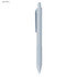 A light blue plastic pen with a grip and a clip, featuring a logo.