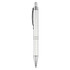 A silver plastic pen with a textured grip and a clip, featuring a branding logo on the barrel.
