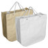 A white and a brown paper bag with round corners and rope handles, featuring a logo on each bag.