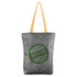 A grey Tyvek paper tote bag with a yellow handle and a circular logo.
