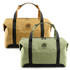 Two kraft paper travel bags in tan and green, featuring sturdy black handles and a branding logo.
