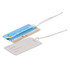 A luggage tag featuring a beach scene on one side and blank fields for name, address, and contact details on the other.