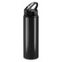 A drink bottle in black with a flip cap and a handle, featuring a logo on the body.