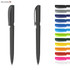 A collection of plastic pens in various vibrant colours, featuring a sleek high gloss design. Each pen has a clip and branding.