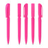 Five pink plastic pens displayed in various positions, each featuring a clip and a glossy finish.