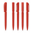 A set of five red plastic pens with sleek designs and clip attachments. Each pen features a glossy finish.