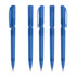 A set of transparent blue plastic pens arranged in different positions, showcasing their design and features.